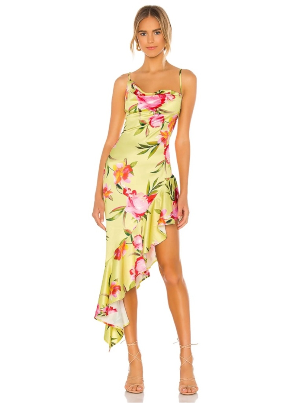 New w/imperfections NBD Kaz Floral Gown Yellow Watercolor Sz S asymmetrical